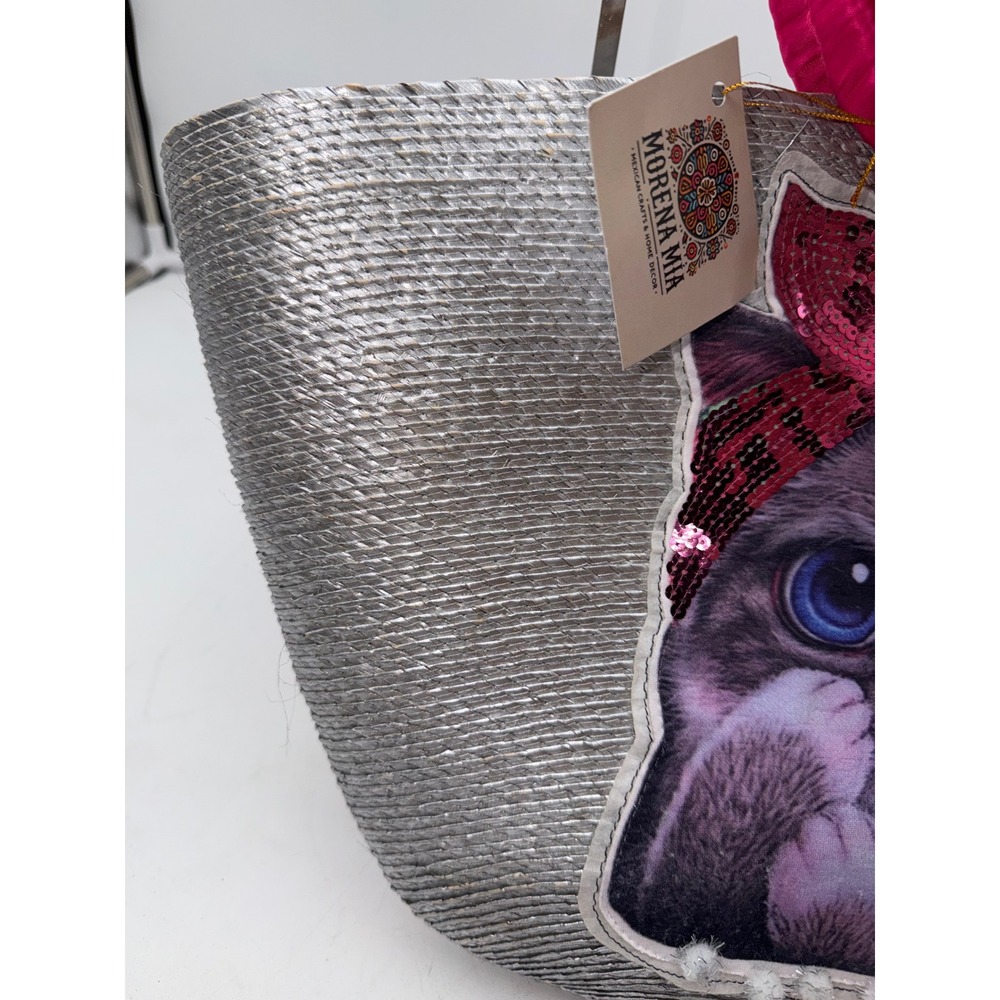 Morena Mia Mexican Handmade Straw Tote Bag Silver Pink Cat Sequin Pom Pom NEW - Picture 5 of 9